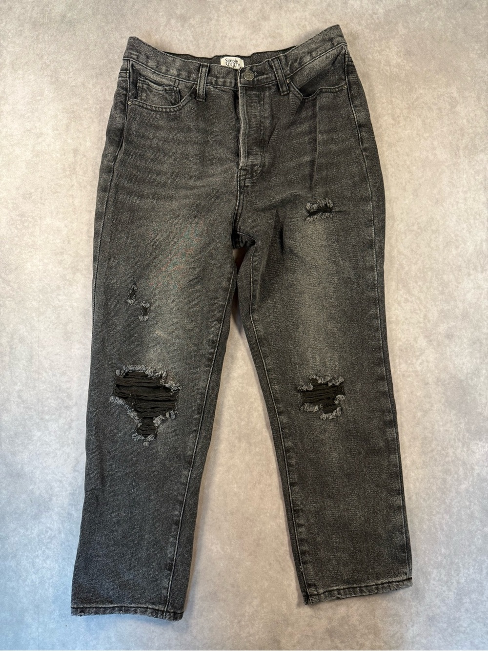 High-Rise Distressed Grey/Black Wash Mom Jeans Simple Society Size 9/29